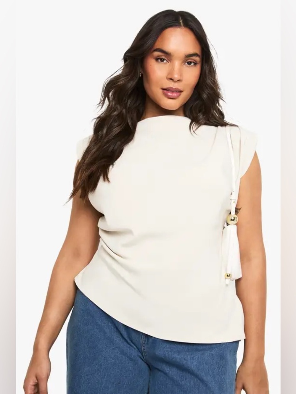 Boohoo Plus Gathered Shoulder Pad Asymmetric Blouse in Ecru, Size 22